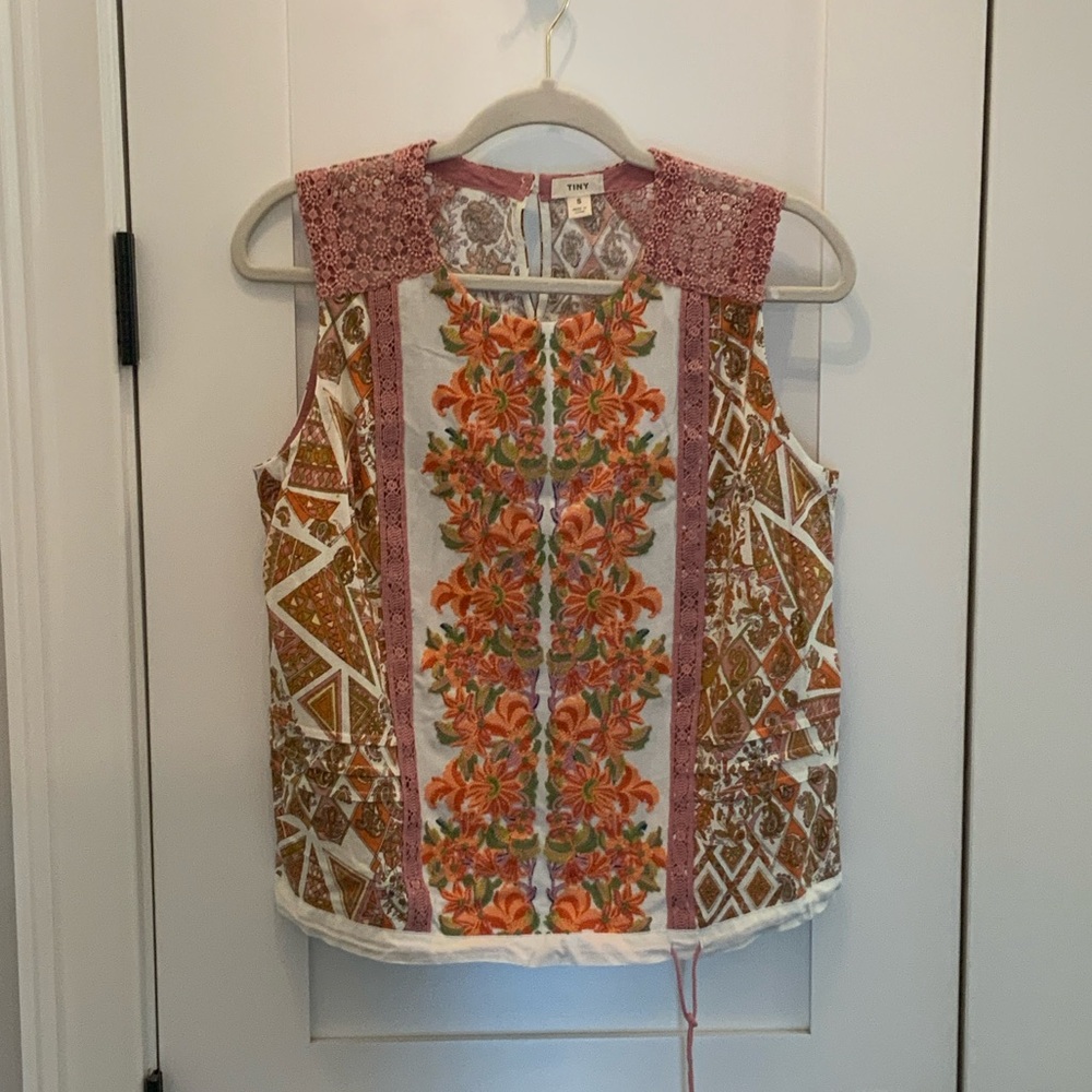 TINY Floral Patchwork Sleeveless Blouse, Coral and Pink Small Floral Embroidery